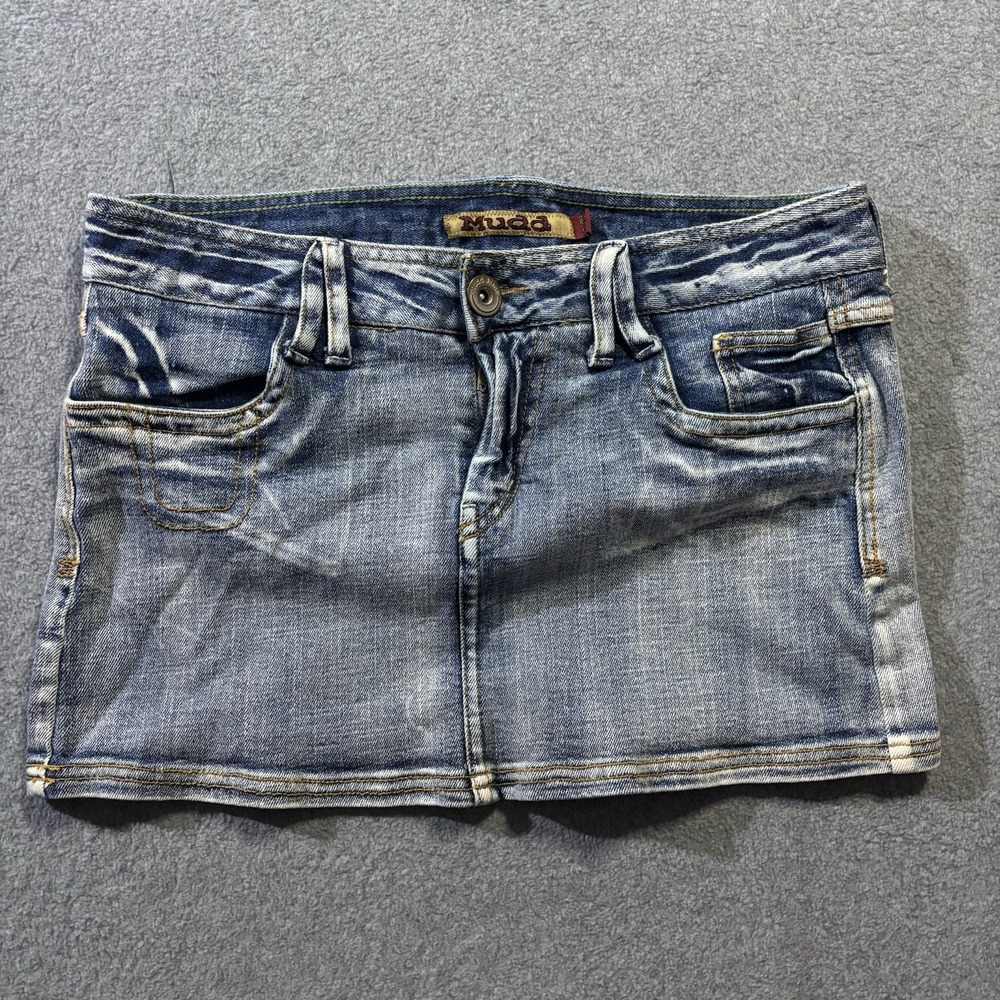 VTG Y2K Mudd Denim Mini Skirt Low Rise Rhinestone Flap Pocket Embroidered 32" 11